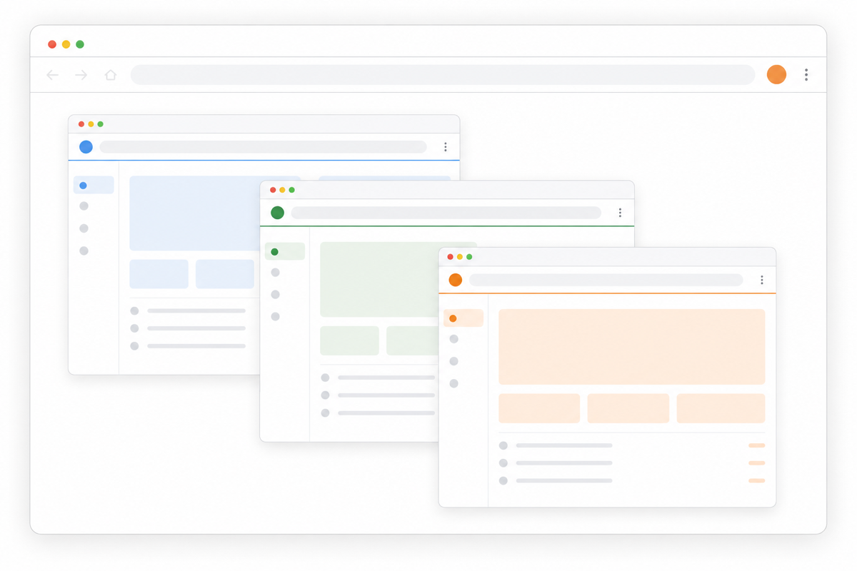 Several color-coded Aye Profile Windows, each representing a separate browser session.