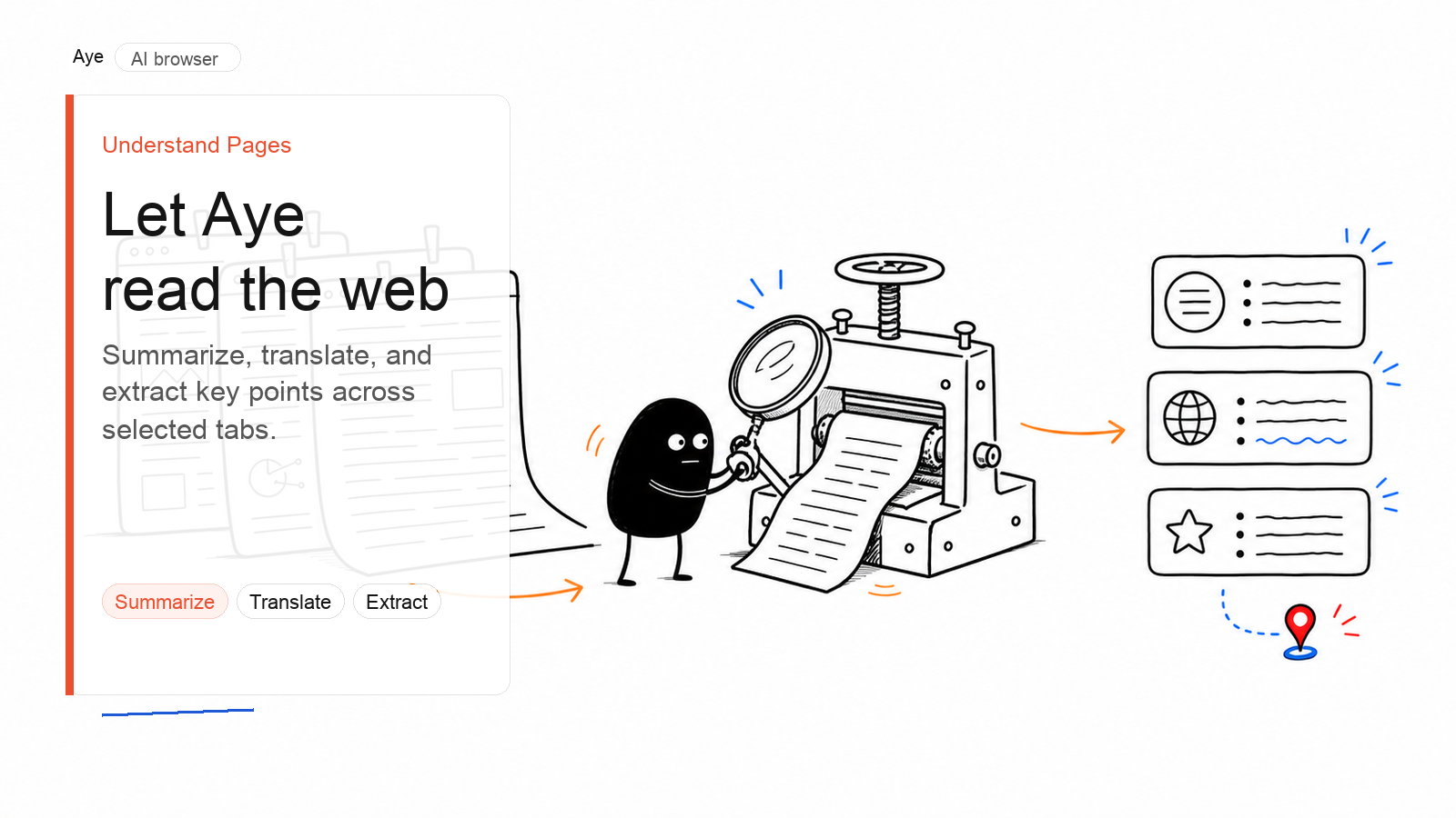 Aye organizing web content into a translation, summary, and key points