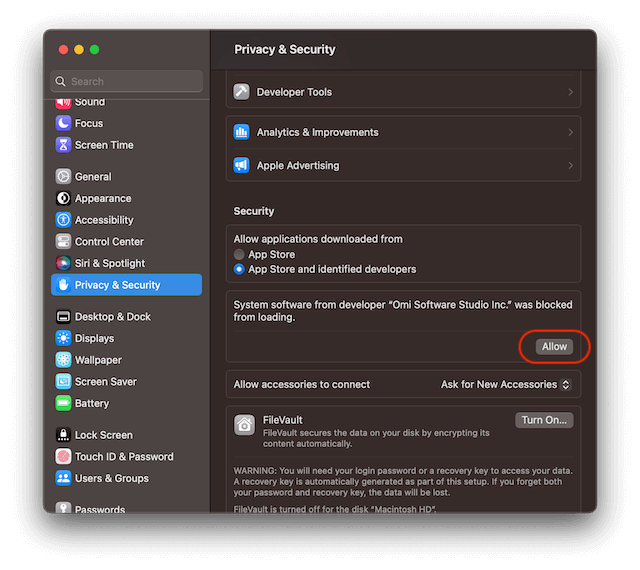 How to allow installation of system extensions on Mac to support Omi NTFS read and write